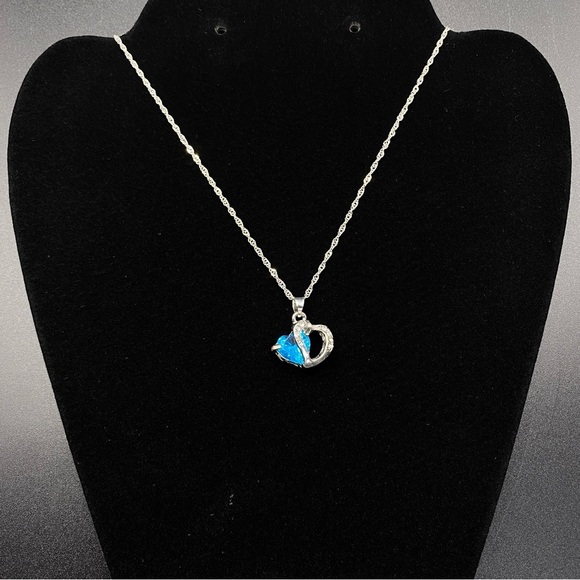 Blue & CZ Double Hearts Necklace on Chain - Picture 2 of 7